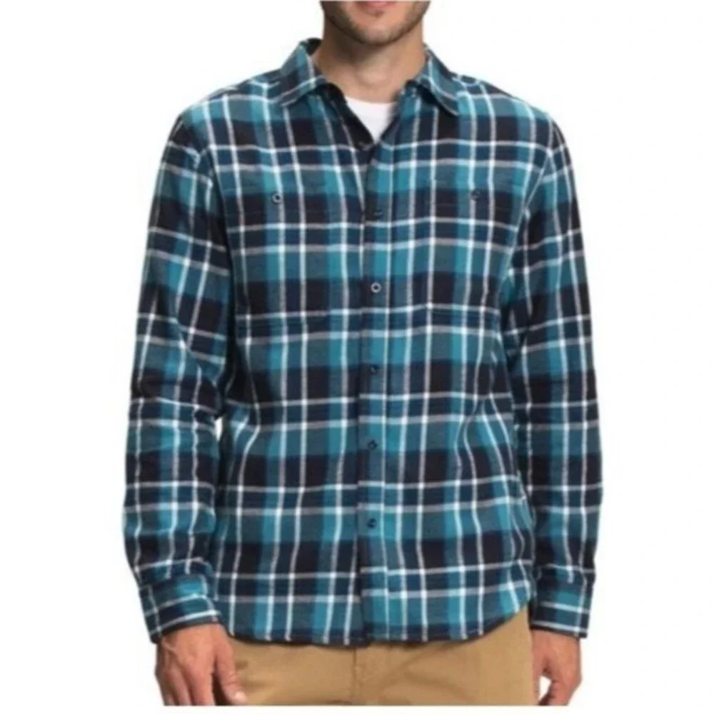 The North Face Arroyo Light Weight Button Flannel Teal Navy Plaid Size Large